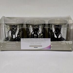 Vintage Christmas 3 Flameless Real Wax Votive Candle Set JOY Glass Holders